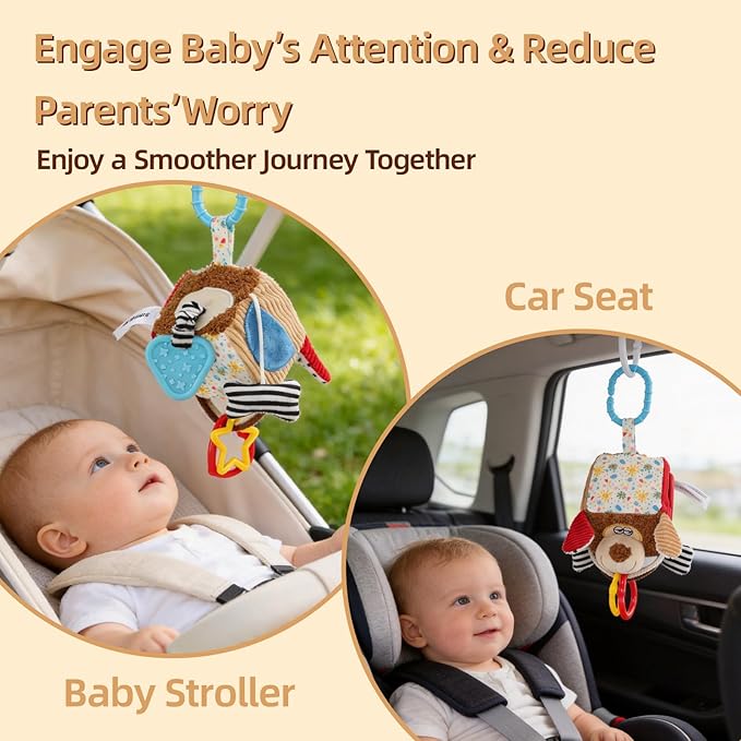 Hanging Baby Toy Cube for Car Seat, Infant Sensory Toys 0-6-12 Month, Montessori Plush Toys for Plane Travel Game Activity with Crinkle, Squeaky, Textures, Mirror Nowborn Baby Boy Girl Gifts
