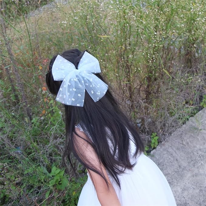 Large Tulle Bow Hair Clips for Baby Girls - Lace Hair Bows, Women's Cottagecore Barrettes - Lightweight Gauze - Moon Star & Blue Foil