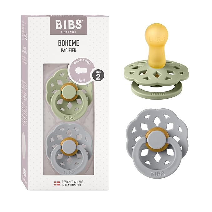 BIBS Pacifiers - Boheme Collection | BPA-Free Round Nipple | Nautral Rubber Latex | Made in Denmark | Set of 2 Sage/Cloud Color Premium Soothers | Size 6-18 Months