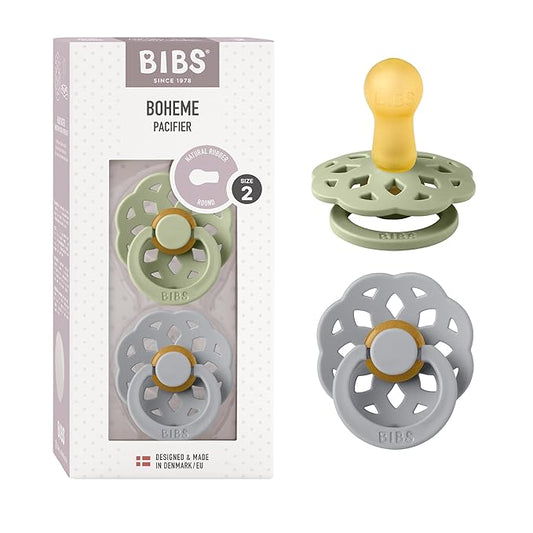 BIBS Pacifiers - Boheme Collection | BPA-Free Round Nipple | Nautral Rubber Latex | Made in Denmark | Set of 2 Sage/Cloud Color Premium Soothers | Size 6-18 Months
