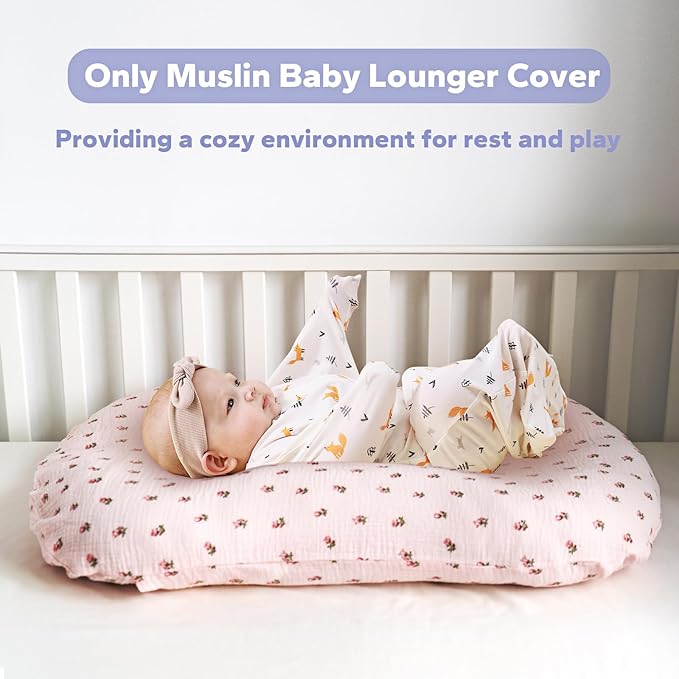 FUNUPUP Muslin Baby Lounger Cover Compatible with Snuggle Me Lounger, Infant Lounger Pillow Cover for Newborn, Removable Newborn Lounger Cover for Boys and Girls, Only Cover, Pink&Pink Flower