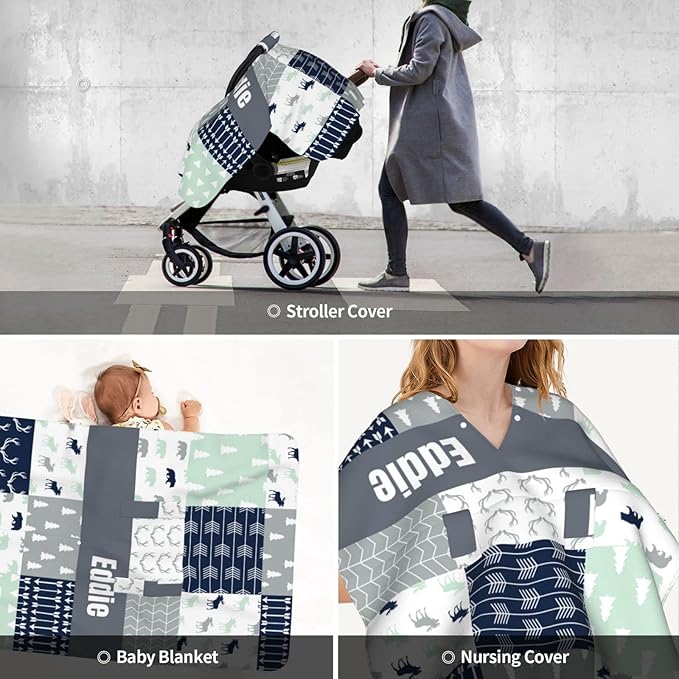 Personalized Baby Car Seat Canopy for Babies with Name, Custom Car Seat Covers for Boys Girls, Infant Opening Minky Nursing Breastfeeding Stroller Cover Carseat Canopies for Newborn (Woodland Theme)