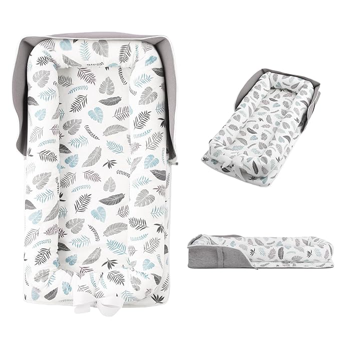 Portable Baby Lounger, Soft Baby Nest Cover Breathable Cotton Fabric, Adjustable Infant Lounger for Baby, Adjustable Size and Strong Zipper, Extended Space for Newborn 0-24 Months, Leaf
