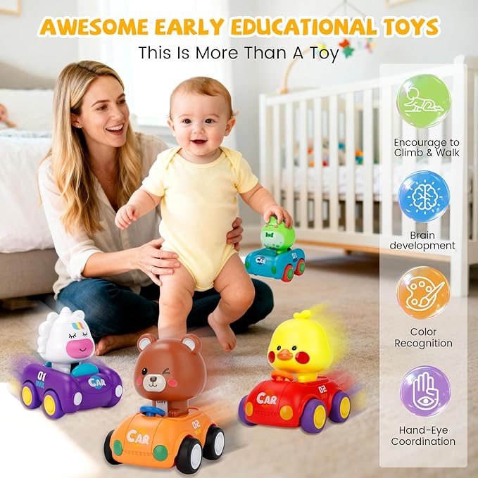 Press and Go Car Toys for Toddlers 1-3, 4 Pack Friction Powered Baby Push Cars, Infant Play Vehicle Set for 6-9-12-18 Months, 1st Birthday Gifts for 1-2 Year Old Boys Girls
