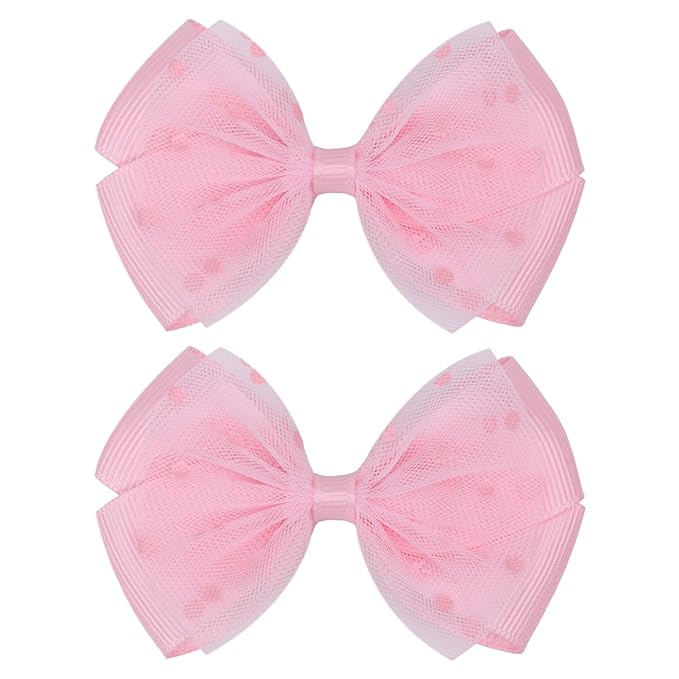 Tiny 3 Inch Dot Organza Double Hair Bow Clips - Cute Lined Boutique Alligator Hairpin for Girls, Toddlers, and Little Teens - Kids Barrettes Set of 2 Small Stylish (Light Pink)