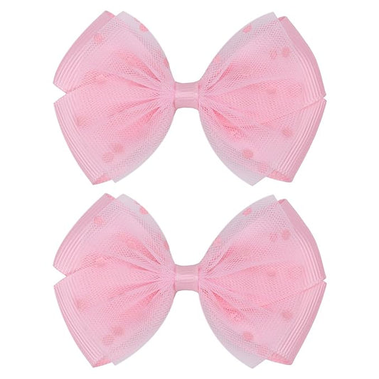 Tiny 3 Inch Dot Organza Double Hair Bow Clips - Cute Lined Boutique Alligator Hairpin for Girls, Toddlers, and Little Teens - Kids Barrettes Set of 2 Small Stylish (Light Pink)