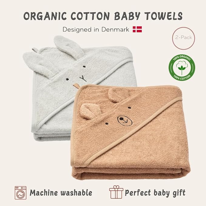 Hooded Baby Towels - 100% Organic Cotton Baby Bath Towels, 32" x 32" Super-Soft and Absorbent Baby Towels for Newborn 2-Pack (Rabbit Grey/Bear Natural)