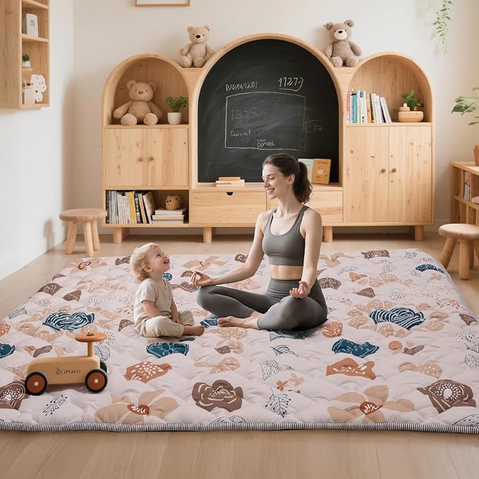 Baby Play Mat for Floor,71x59 Inch Soft Padding Crawling Mat for Playpen, Foldable and Machine Washable, Thick for Babies & Toddlers,Boho Flower