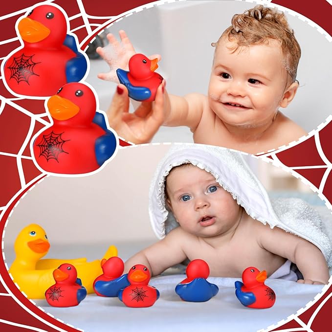 Leyndo 24 Pcs Spiderweb Rubber Duck Bulk Spiderweb Birthday Party Decoration Favors Squeaky Red Blue Duck for Bathtub Floating Pool Gifts Party Supplies