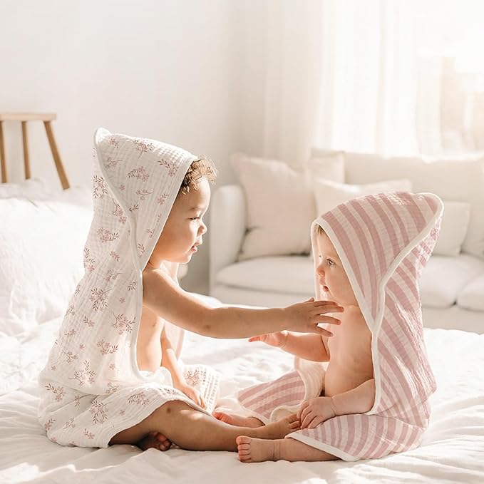 Konssy 2-Pack Muslin Hooded Baby Towels, 100% Cotton, Ultra-Soft & Absorbent Baby Bath Towels with Hood for Newborn & Infant (Pink, Stripe, 32" x 32")