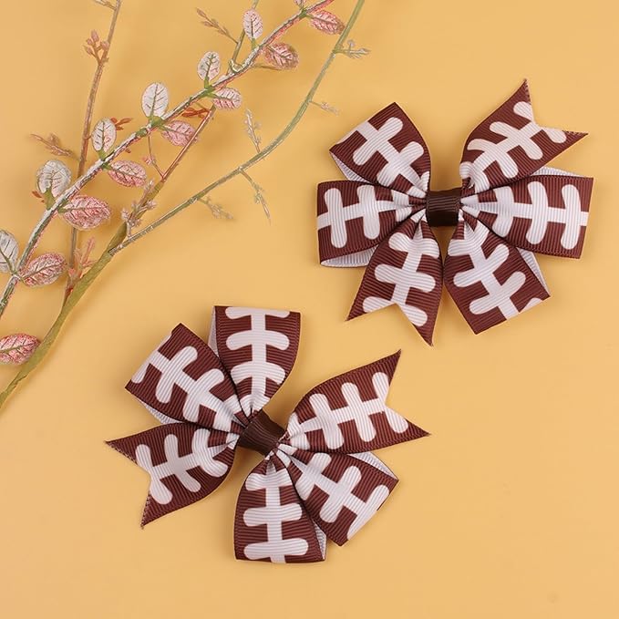 4Pcs Football Hair Bow Clips, Rugby Soccer Hair Clips - 3" Ribbon Bows for Girls, Football Printed Ribbon Bows, Football Hair Accessories for Kids Sports Party Hair Accessories, Team Gifts