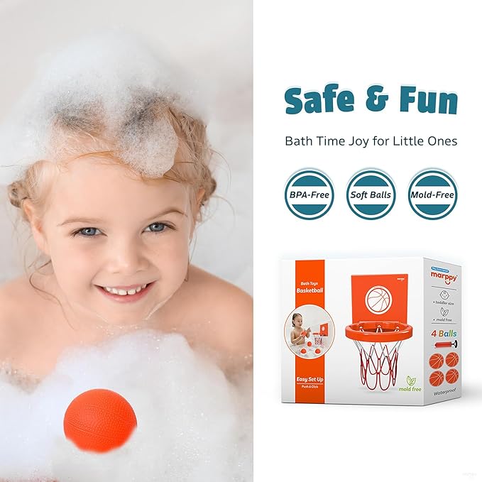MARPPY Bath Toys - Bathtub Basketball Hoop for Toddlers Kids | Suction Cups Baby Mini Basketball Hoop with 4 Soft Balls | Fun Bath Toy for Boys and Girls