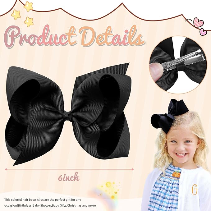 2PCS Oaoleer Black Layered Grosgrain Ribbon Alligator Clips Hair Barrettes for Baby Girls, Infants, Toddlers, Kids, and Teens (6inch-Type A, Black)