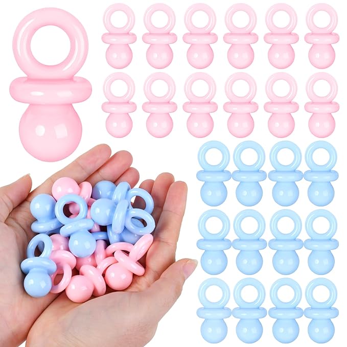 24 Pcs Baby Shower Pacifiers, 1.75 Inch Plastic Pacifiers for Baby Shower Game Girl Boy, Bulk Pacifier for DIY Decoration, Gender Reveal Table Scatter, Hunt Game Props, Party Favors(Pink&Blue)