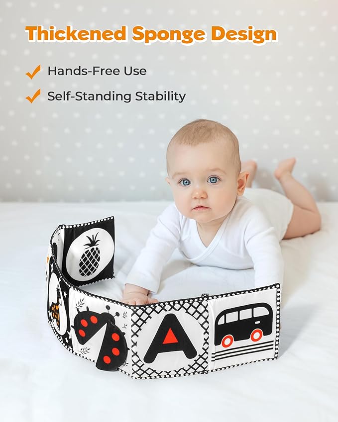 Melican Black and White High Contrast Baby Toys 0-6 6-12 Months, Soft Book with Teether, Newborn Infants Tummy Time Toys, 0-3 3-6 Month Sensory Visual Stimulation, Montessori Learning Essentials