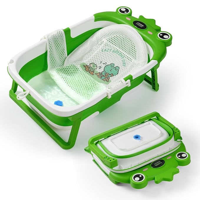 Baby Bathtub,Collapsible Baby Bath Tub with Soft Cushion & Thermometer, Space Saving Foldable & Travel Newborn Bathtub for Infant to Toddler 0-36 Months, Frog Green