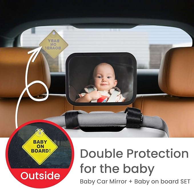 Baby Car Mirror for Rear Facing Infant with Wide Crystal Clear View, Shatterproof, Adjustable, Safety and Stable, Crash Tested and Certified (Black)