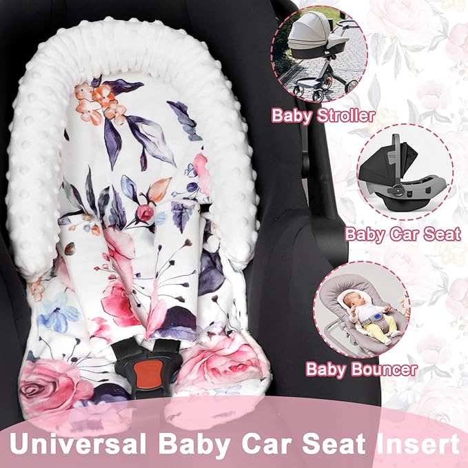 Pea Pod Baby Car Seat Head Support and Body Support with 2 Strap Covers, Ultra Soft Warm Minky Dot Fabric Backing, Baby Essential for Newborn, Stylish Floral Printed