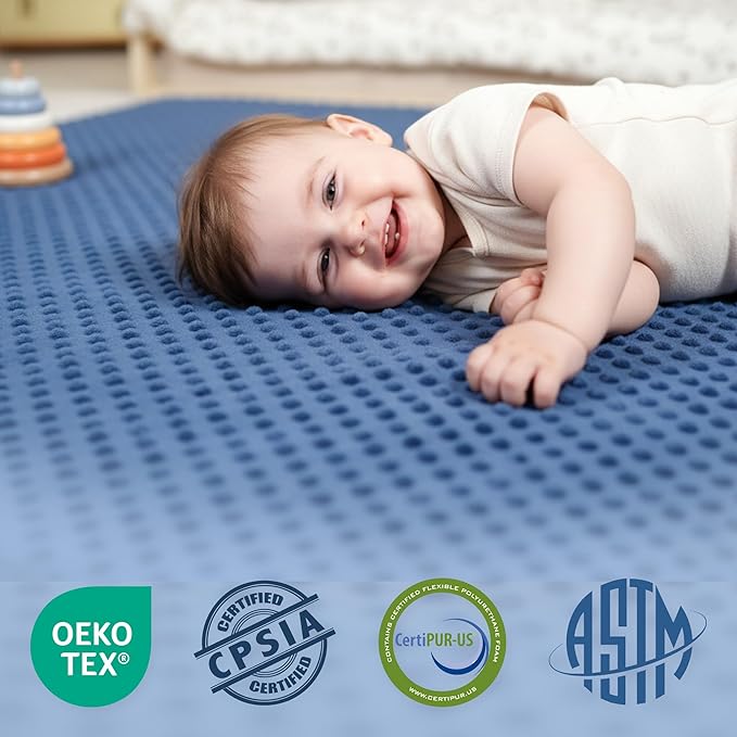 Huloo Sleep Baby Floor Play Mat for Playpen, Extra Thick 50"x50" Padded Mat with Ultra Soft 3D Minky Dot & Removable Washable Cover, Non-Slip & Safe for Crawling,Tummy Time,Infant/Toddler(Dark Blue)