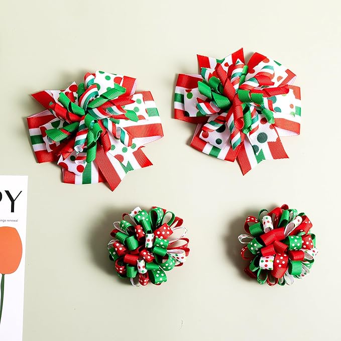 Christmas Hair Bows Clip Girls Red White Green Ribbon Stripe Polka Dot Cheer Bow Korker Curly Flower Ball Hairbow Alligator Barrette Pins Kids Xmas Holiday Decor Accessory Gift