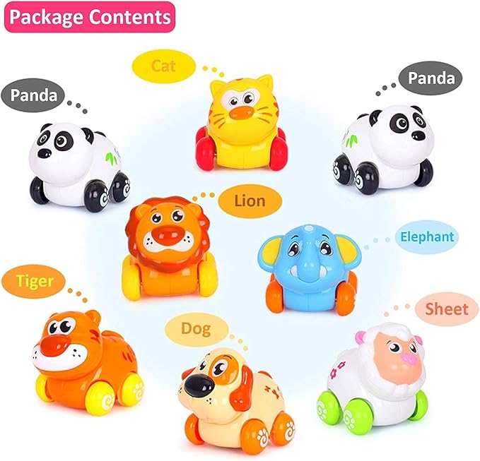 Liberty Imports 8 PCS Cartoon Animals Friction Push and Go Toy Cars Play Set for Babies and Toddlers | Cute Mini Play Vehicles Party Favors - Age 18 Months and Up