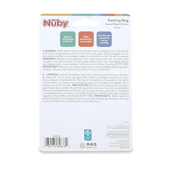 Nuby Natural Wood & Silicone Teether Ring: 3 M+, Elephant, Gray