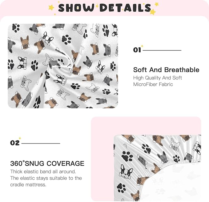 Fitted Crib Sheets Dog French Bulldog Pug Dog Paw Stretchy Portable Playard Sheets for Baby Toddler, Breathable Soft Mini Crib Mattress 39 x 27 in for Boys and Girls