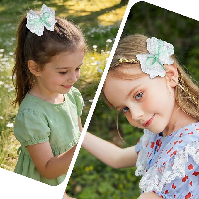 2pcs green hair bow clips for girls. White lace bow with light green hair ribbon, fully lined alligator clips. Handmade hair accessories for girls.
