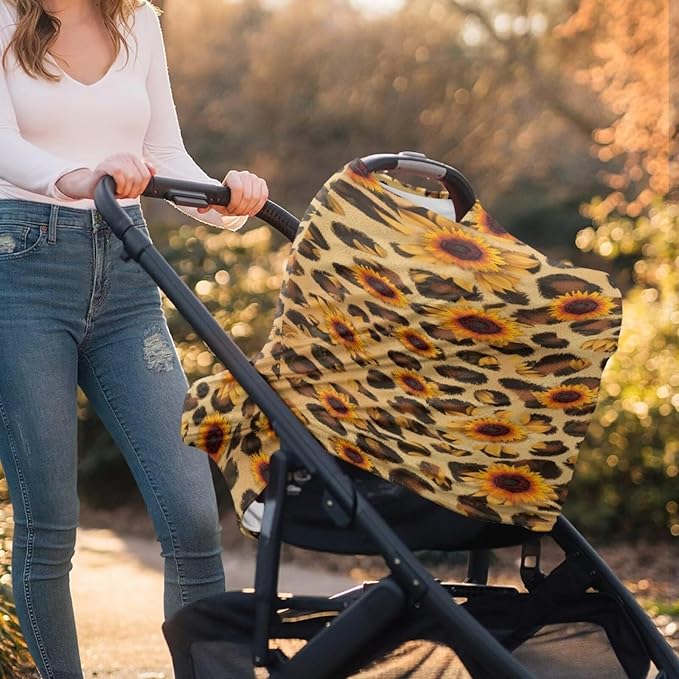 Forchrinse Sunflower Leopard Car Seat Cover for Babies Soft Breathable Breastfeeding Nursing Cover Stretch Infant Carseat Canopy Stroller Cover Washable