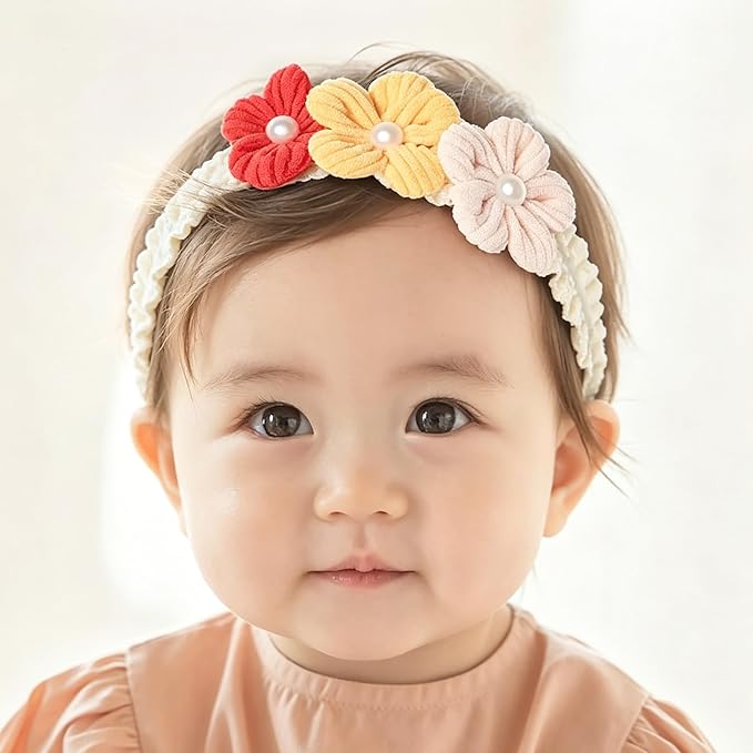 Handmade Baby Girl Headbands in Beige and Pink Lace Flowers for Newborns and Toddlers Cute Baby Girl Flowers and Newborn Headbands (Red yellow and pink flowers, One Size)
