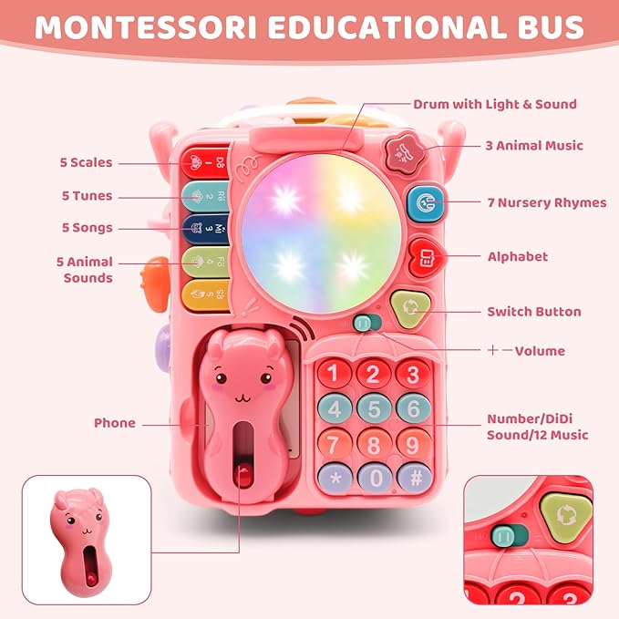 Baby Bus Toy for 1 Year Old Girl Gifts, Montessori Musical Bus Toy for Baby 12-18 Months, Baby Piano Drums for Toddlers 1-3, Shape Sort Toys 1st Birthday Gifts for Girls