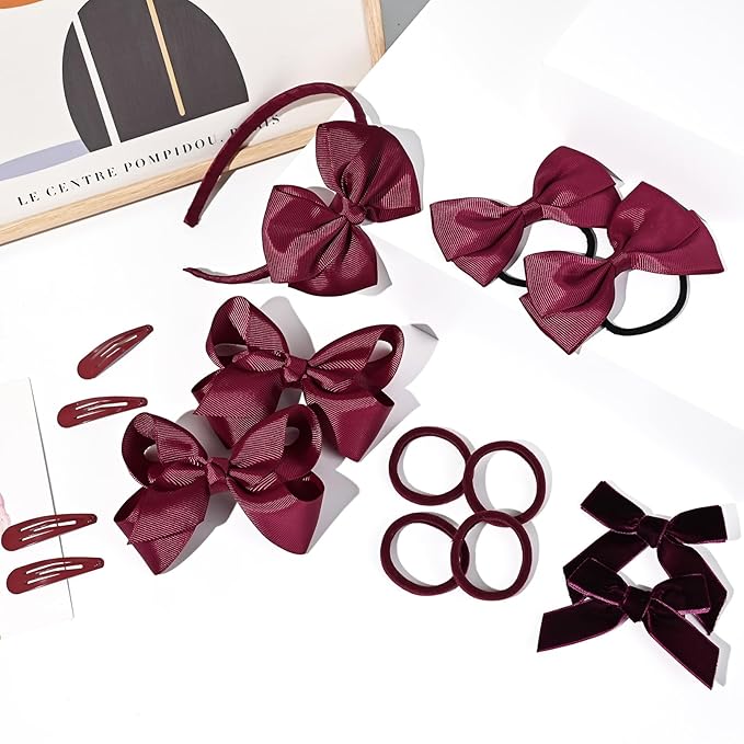 DEEKA Burgundy Uniform Hair Accessories Set, 15 Pieces - Hair Bows, Hair Clips, Headband, Hair Ties for Little Girls - School, Parties, Birthdays, Festive Celebrations