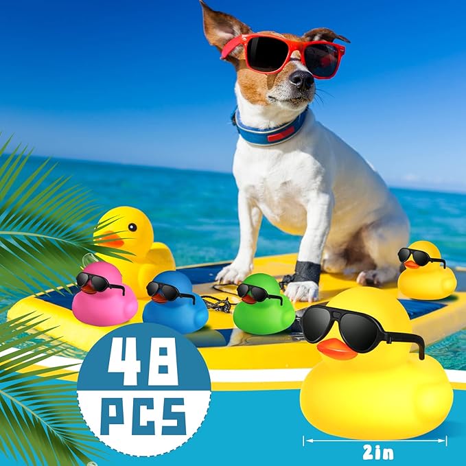 Chivao 48 Pcs Mini Rubber Ducks with Sunglasses in Bulk Small Duck Gift Bathtub Toys for Holiday Cruise Birthday Party Favor(Mixed Color)