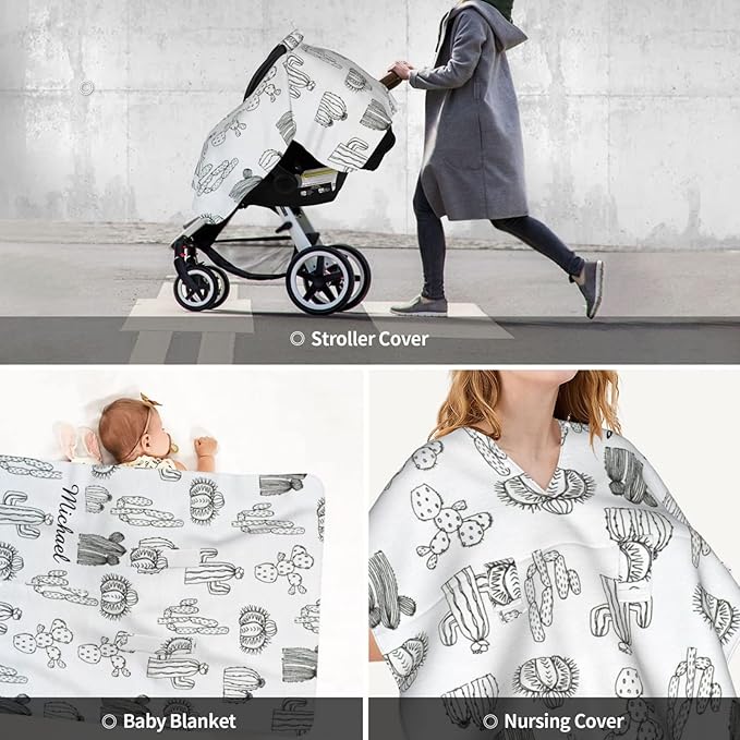 Personalized Cactus Gray Baby Infant Car Seats Canopy for Babies with Name, Custom Multi-use Blankets for Baby Boys Girls, Peekaboo Minky Nursing Breastfeeding Stroller Cover Canopies for Newborn
