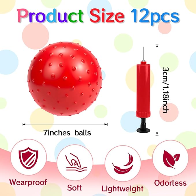 12PCS Bouncy Balls for Kids Toddlers, 7 Inch Sensory Balls Spiky Massage Stress Ball Bulk with Air Pump, Indoor Outdoor Sports Sensory Toys & Party Favors(Red)