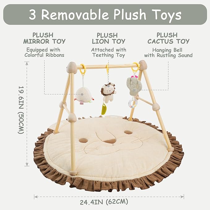 4-in-1 Wooden Baby Play Gym & Activity Mat, Soft Cotton Tummy Time Mat for Babies 0+,with 3 Detachable Toys for Sensory & Motor Skill Development,Newborn Infant Baby Essentials Gift,Light Brown-Lion