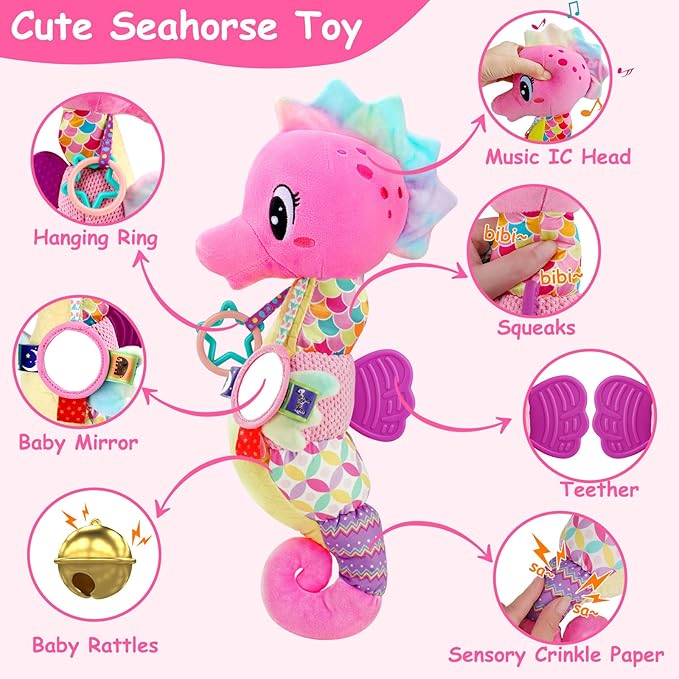 Baby Girl Toys 0-6 Months Musical Seahorse Stuffed Animal Tummy Time Toys Infant 3-6 6-12 Months with Baby Mirror Sensory Newborn Crinkle Developmental Toy Birthday Shower Gifts 0-3 4 5 6 Month