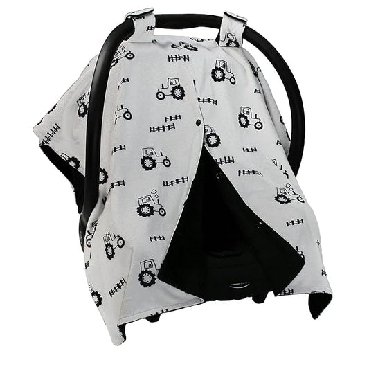 Dear Baby Gear Car Seat Cover for Boys & Girls - Baby Carseat Canopy w/Snap Opening - Infant Seat Cover - Nursing Covers - Newborn Carrier Canopy - 40x30" (Black and Gray Farm Tractors & Fence)