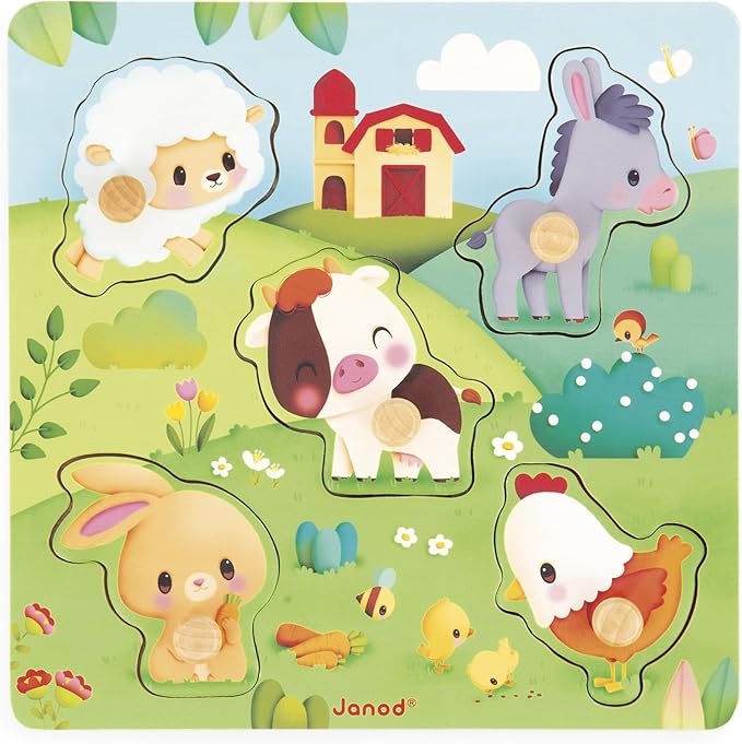 Janod - 5-Piece Wooden Tactile Puzzle - Farm Theme - Interlocking Puzzle with Textures - Educational Game - Touch, Fine Motor Skills and Concentration - from 18 Months, J07129