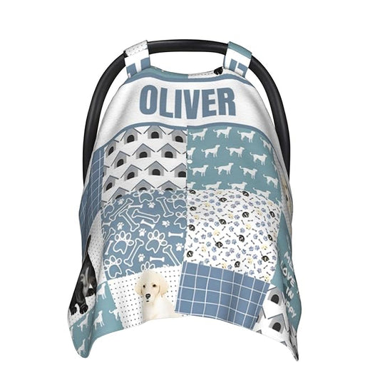Personalized Minky Car Seat Canopy for Girl Boy, Custom Name Stroller Car Seat Covers Cover for Infant Newborn Shower Gift, Nursing Opening Carseat Cover for Breastfeeding, Dog Cute Puppy