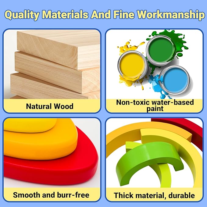 MEGRANATE Montessori Wooden Rainbow Stacking Toys for Baby Grimms Wood Building Blocks Nesting Puzzle Toy Colorful Stacker Arch Game Sensory Educational Learning Toys for 3+ Year Old Toddler