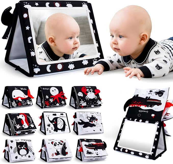 Black and White Baby Books for Newborn, Tummy Time Mirror, Baby Mirror Infant Toys with Soft Cloth Book, High Contrast Baby Toys, 3D Activity Crinkle Pages Sensory Tummy Time Toys for Babies