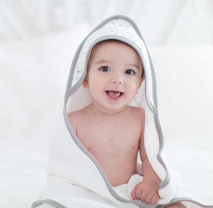 SwaddleDesigns Cotton Terry Baby Hooded Towel, Tiny Triangle Shimmer, Sterling