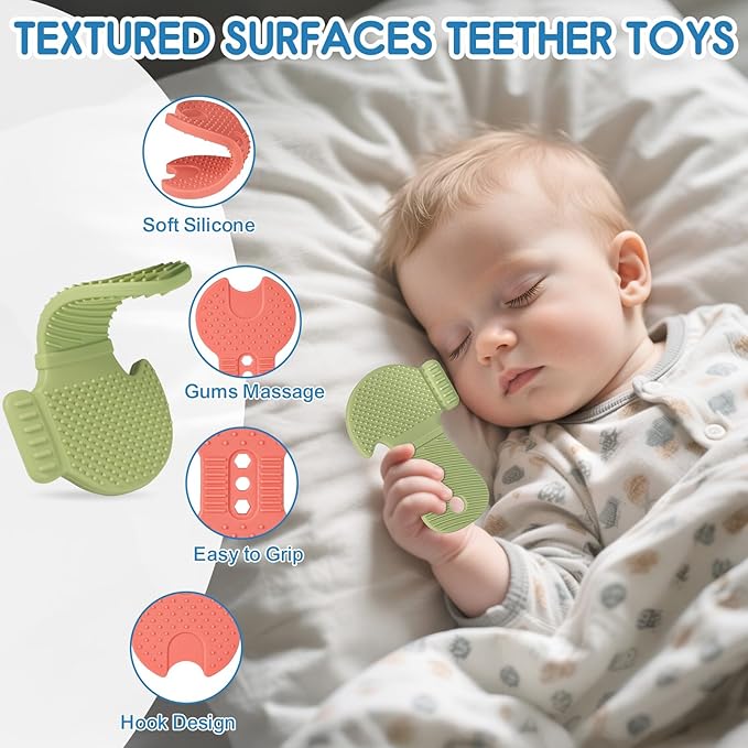 Baby Teether Toys, 4 Pack Food-Grade Silicone Teething Toys for 3-6 6-12 Months Babies, Infants, Easy to Grasp, Teething Relief Toy