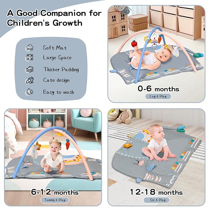 Baby Play Gym Tummy Time Mat, Oversize Elephant Activity Mat with 6 Detachable Toys, Promote Motor Skills & Sensory Development Mat, Newborn Infant Baby Essentials Gift