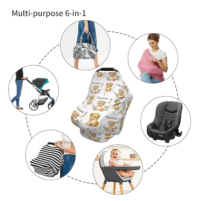 Personalized Lion Baby Car Seat Cover with Name,Multi-Use Canopy for Nursing, Strollers,Shopping Carts,Customized Breastfeeding Cover, Full Privacy,Infant Stroller Cover