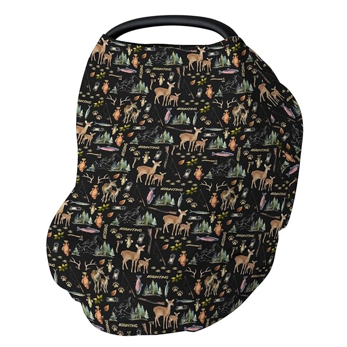 Fishing Hunting Life Baby Car Seat Covers Deer Bass Fish Forest Animal Stretchy 5-in-1 Cover Outdoor Adventure Adjustable Car Canopy Cover Nature Lover Gift Breathable Nursing Cover-Up