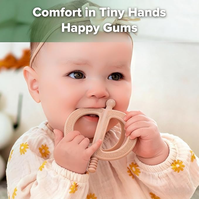 2-Pack Baby Teething Toys, Food Grade BPA-Free Silicone Baby Teether for 3-18 Months, Ring-Shaped Teething Toy for Babies, Multi-Textured Choke-Proof Easy Grip Teether for Infants (Khaki&Blue)