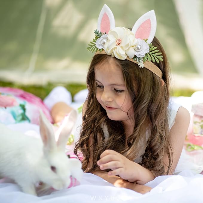 Baby Girls Flower Headband Easter Bunny Ears Nylon Hairband Cute Floral Rabbit Fairy Hair Accessories for Newborn Infant Toddler Kid