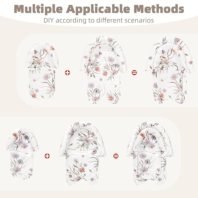 2-in-1 Infant Car Seat Insert, Upgraded Newborn Carseat Insert, Breathable & Soft Baby Car Seat Head Support with 2 Strap Covers for Girls, Perfect for Carseat, Stroller, Swing, White Flower